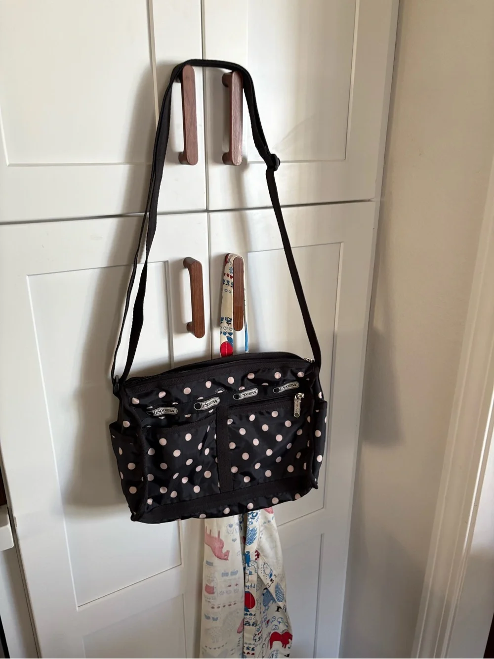 LeSportsac Black with Pink Polka Dot Crossbody Shoulder Bag